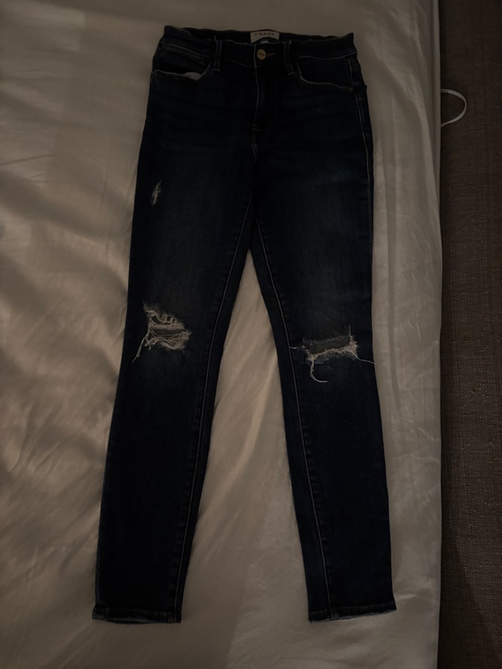 Frame Denim Dark Blue Distressed Stretch Skinny Jeans